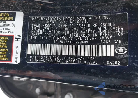 2016 Toyota Avalon Xle из США, поврежденный, VIN 4T1BK1EBXGU229481